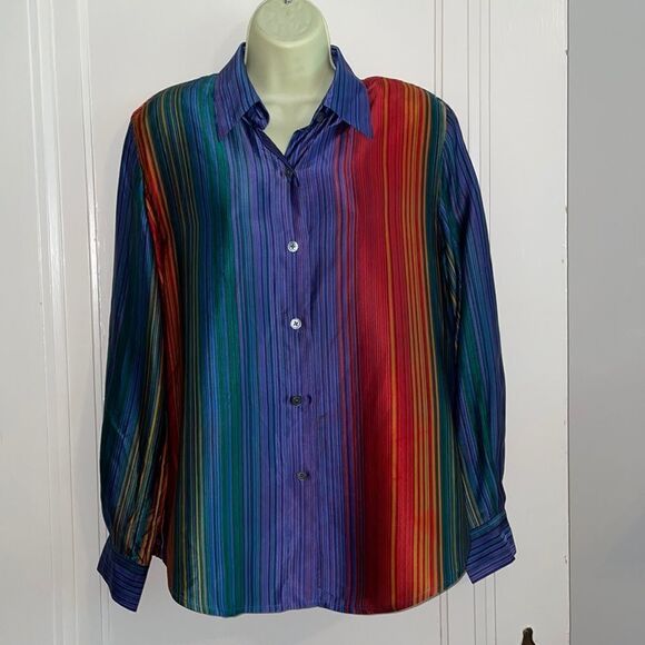 Vtg Linda Allard Ellen Tracy multi colored vertical striped silk shirt - Picture 1 of 13